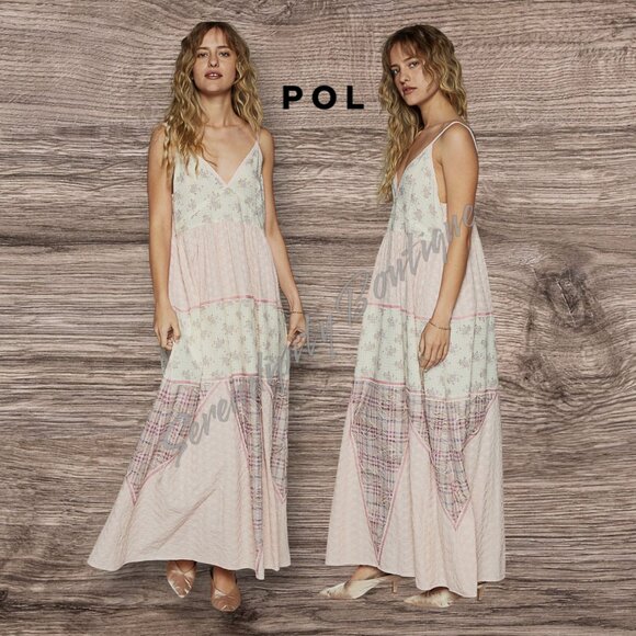 POL Pink Patchwork Floral & Plaid Tiered Oversize Cotton Cami Strap Maxi Dress - Picture 1 of 11